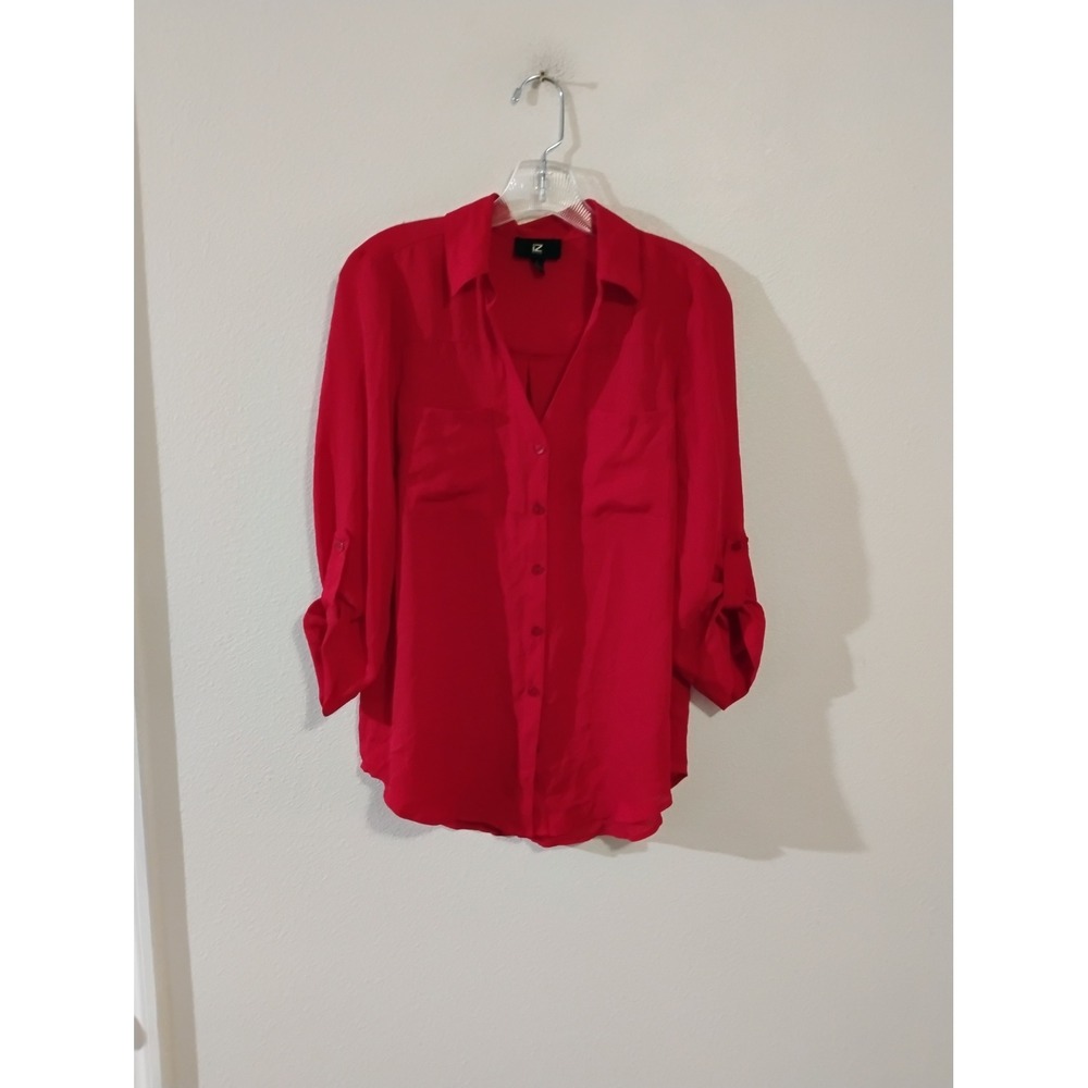 IZ Byer California Red Button Down Roll Tab Sleeve Blouse Top Large